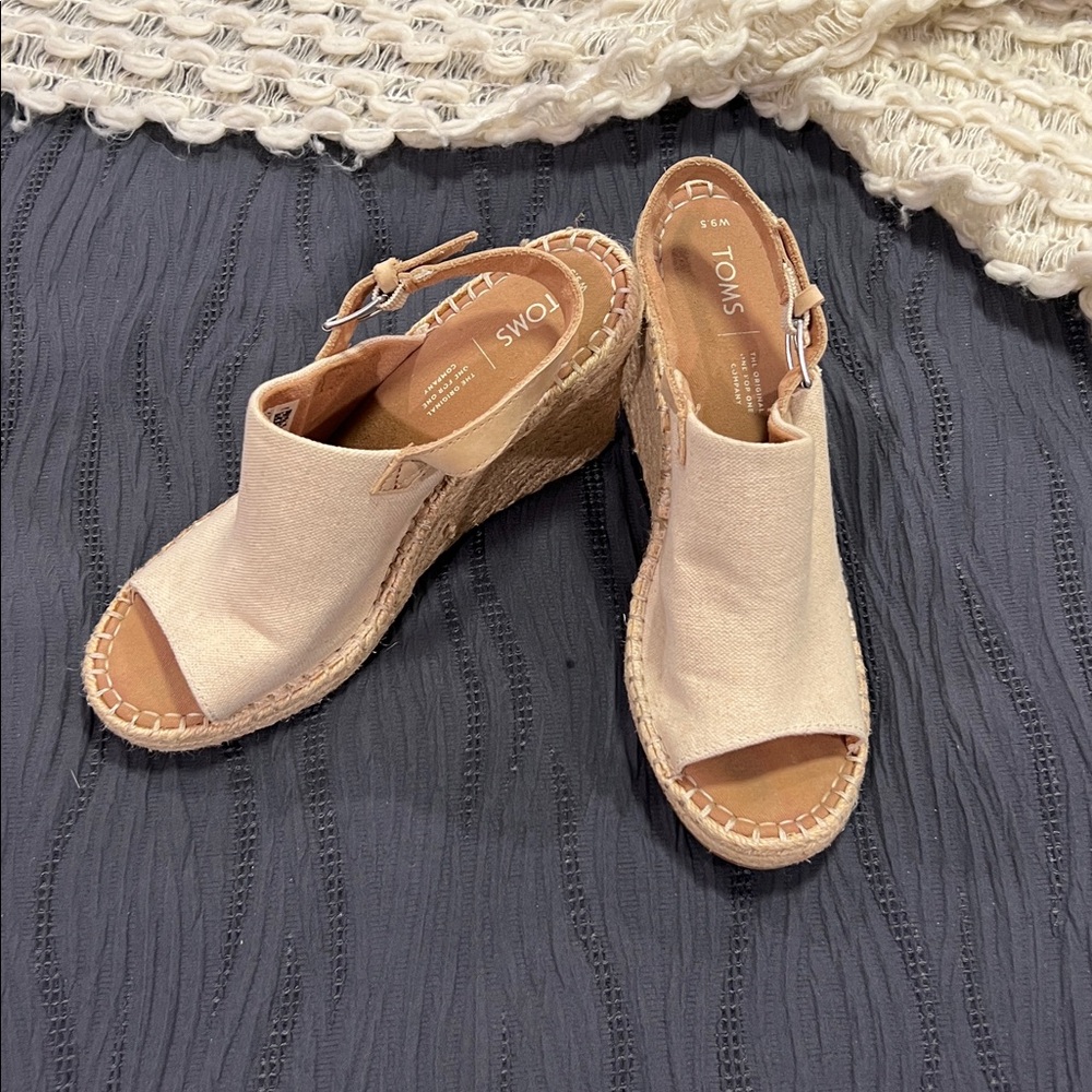 TOMS Monica Natural Wedge Espadrilles Tan Leather Buckle Strap 4 inch Heel